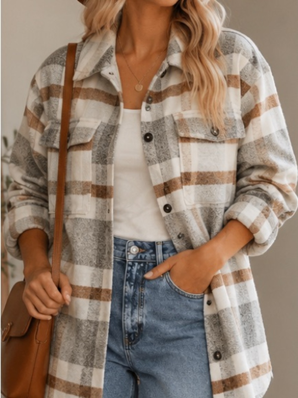 Cozy Plaid Shacket in Cream, Tan & Gray